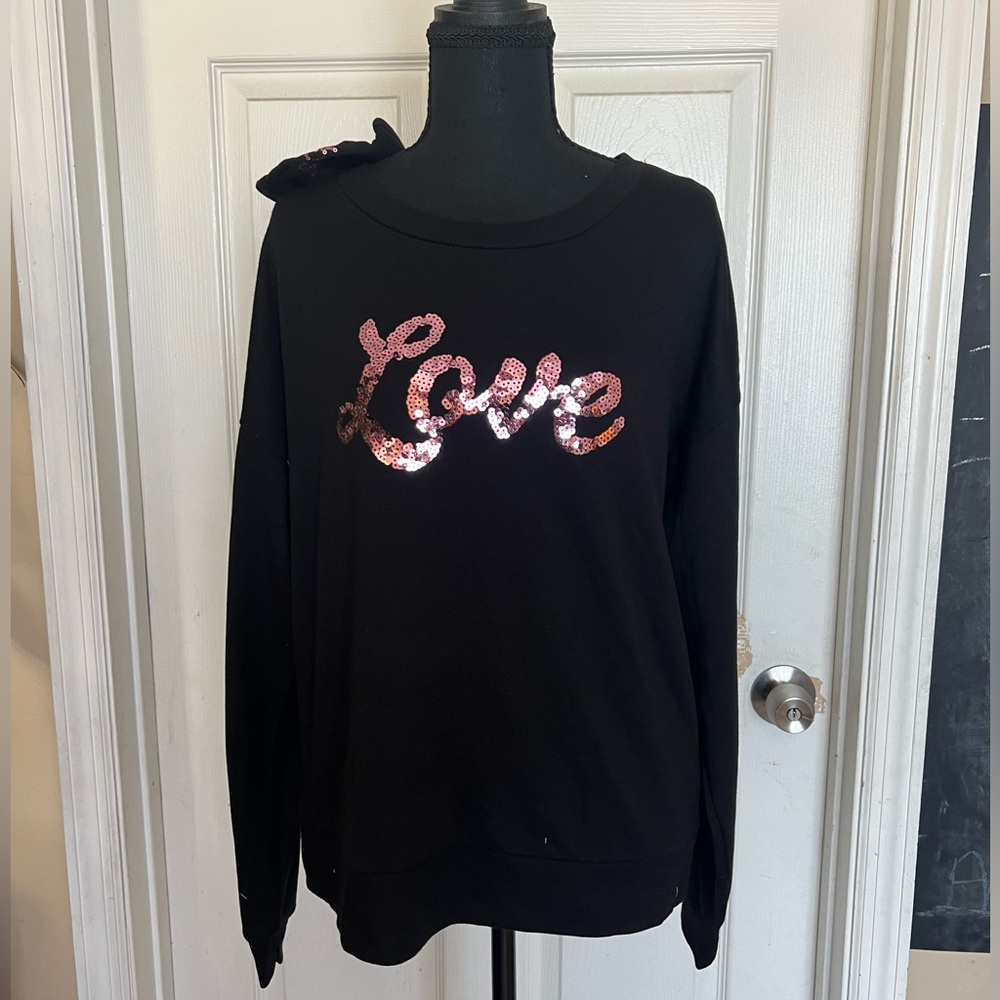 Almost Famous Black Pullover with Pink Sequin "Love"